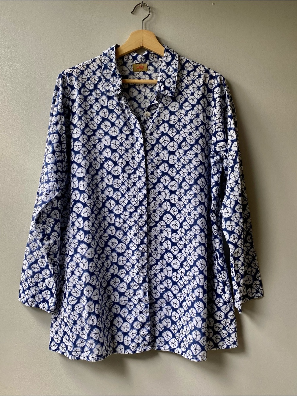 Blue & White Printed Button-Down Shirt - Women